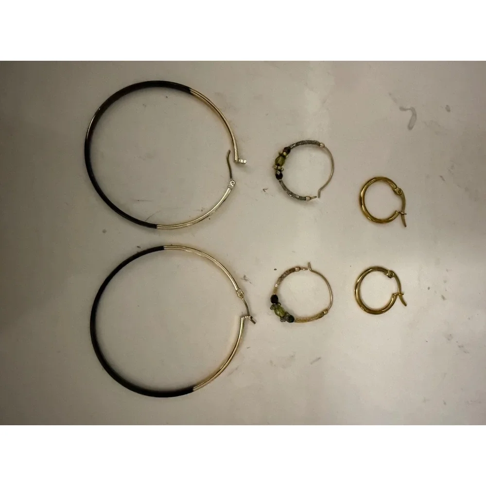 Gold Tone Hoop Earring Set Large Black Enamel Beaded Boho and Small Huggie Hoops